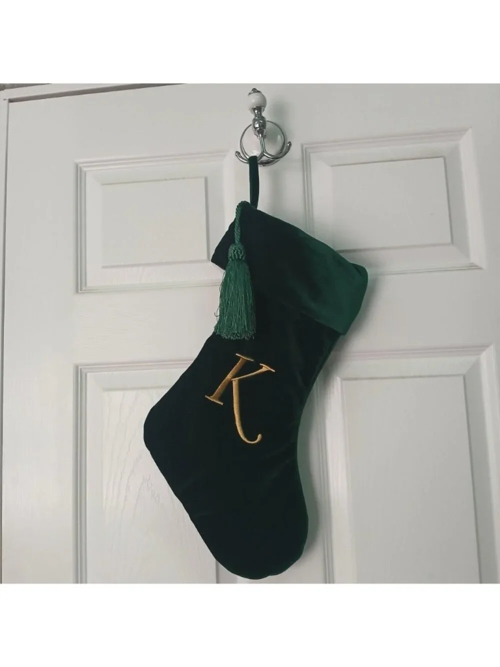 VTG Green Velvet Christmas Stocking Initial “K” Gold  Embroidered Tassle #D-21